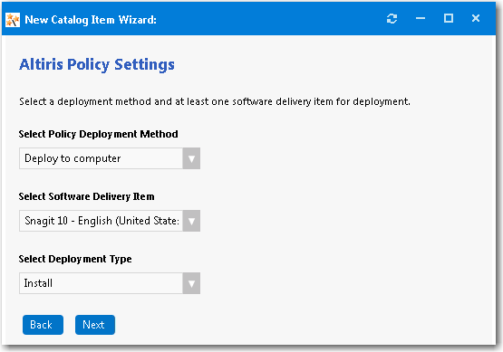Altiris Policy Settings Panel / New Catalog Item Wizard